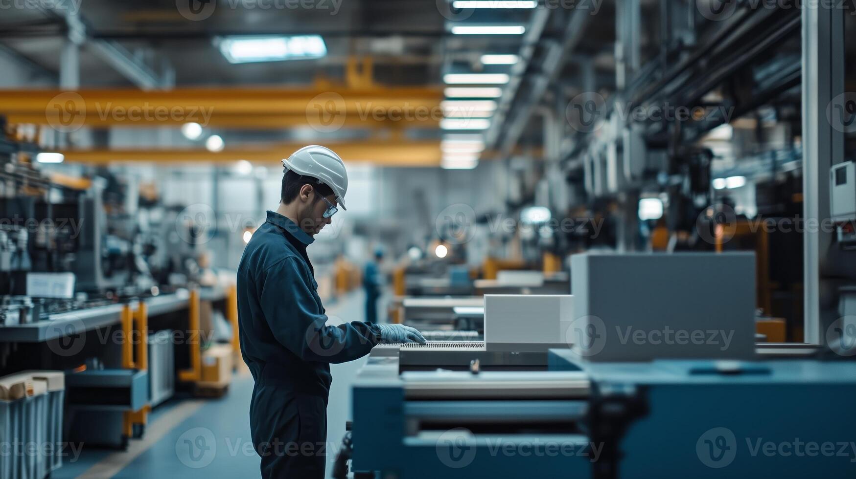 Worker focused on machinery operations inside a large manufacturing facility during daytime work hours photo