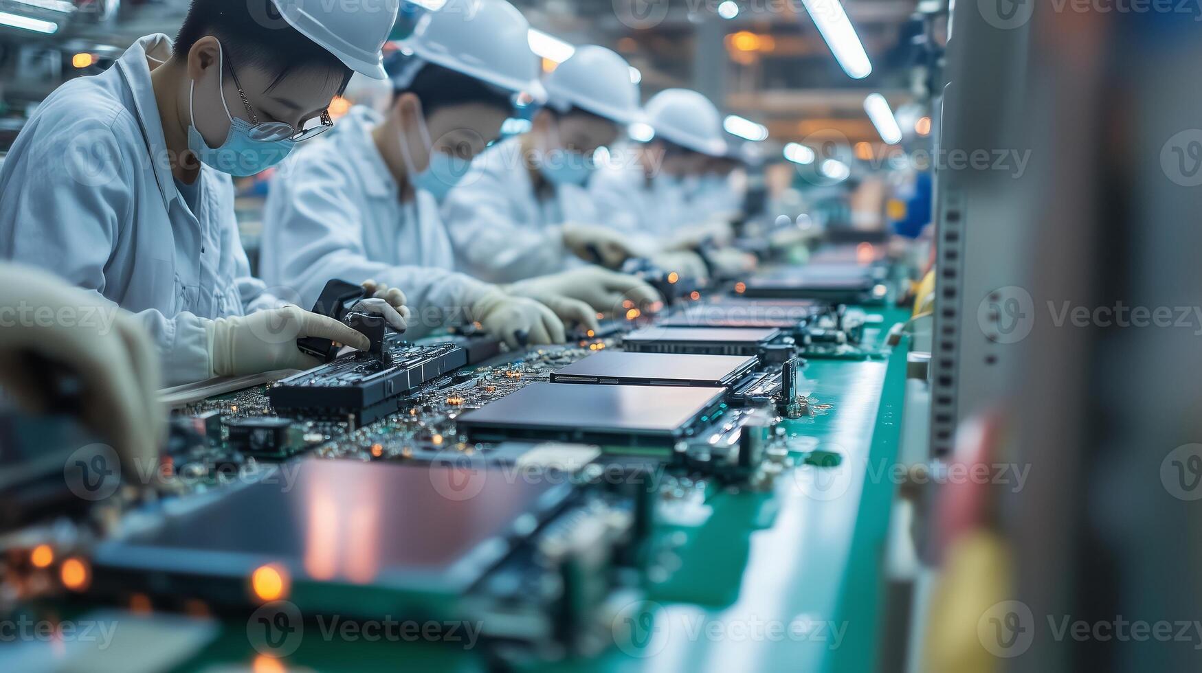 Workers assemble electronic components on a production line in a factory during evening hours in a bustling industrial setting photo