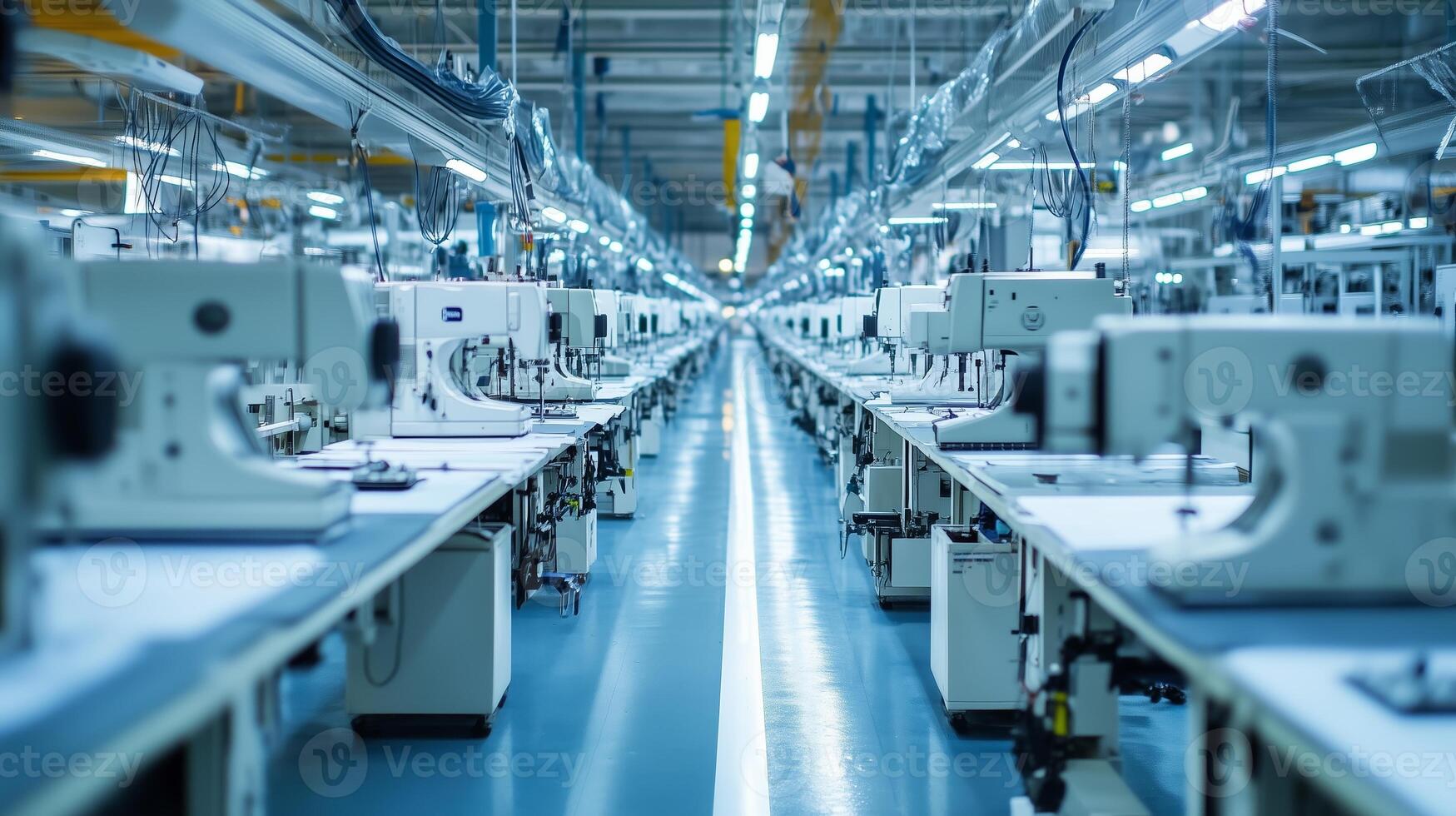 A spacious textile factory with rows of sewing machines and illuminated workspaces during the day photo