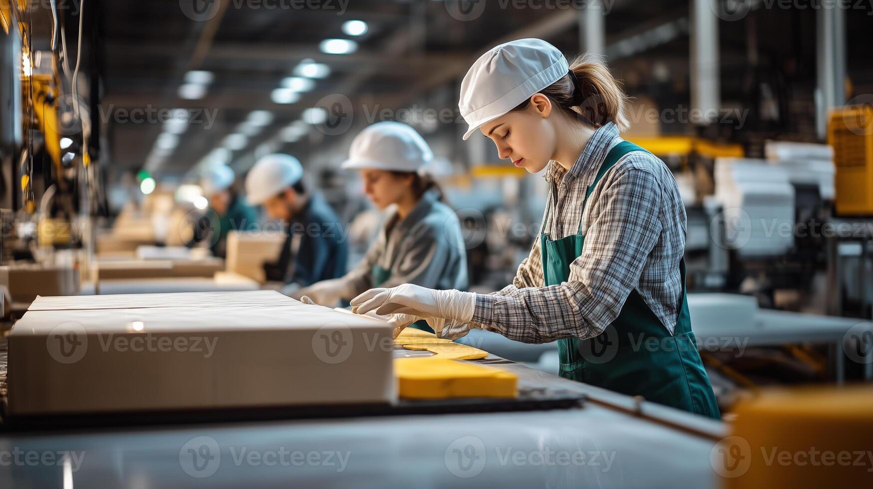 Workers assembling packages in a busy warehouse during daylight hours, focused on their tasks for efficient production photo