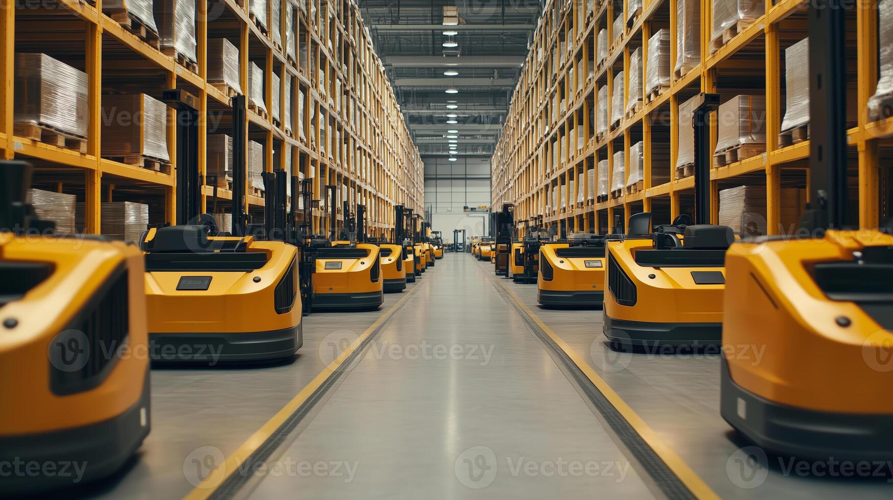 Automated guided vehicles working in a large warehouse during a busy day of operations photo