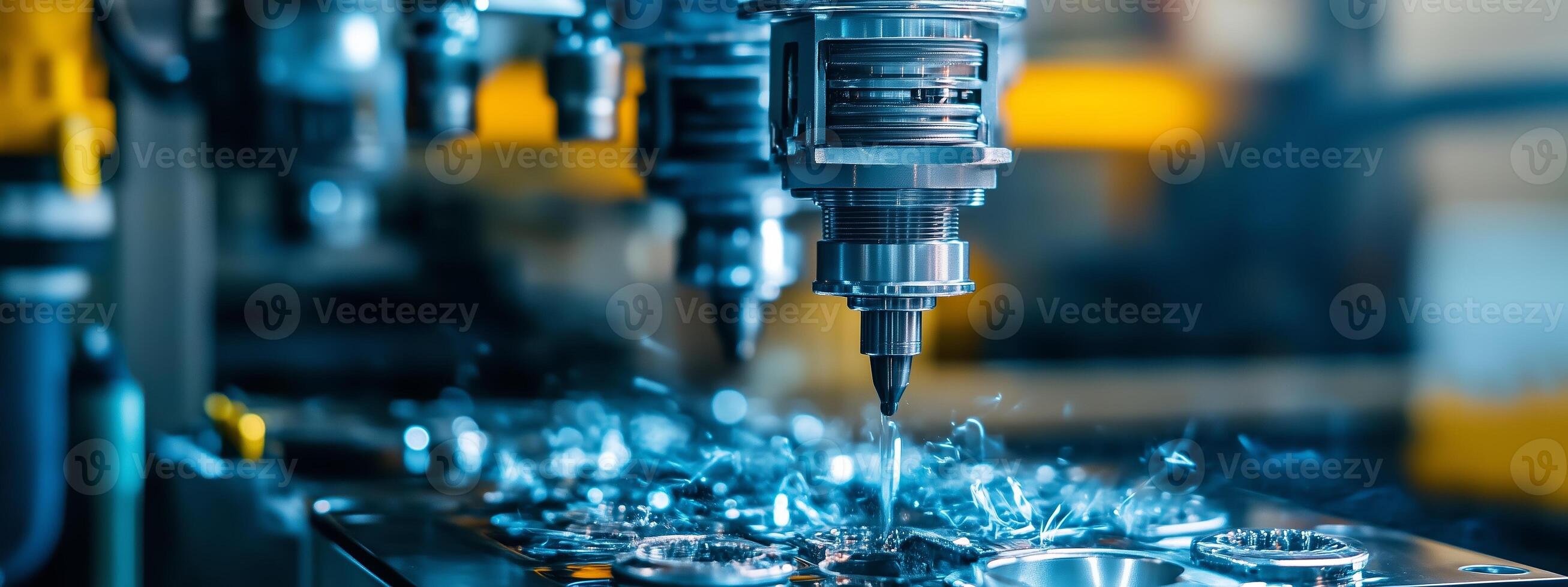 Precision machining process in an advanced factory setting with cutting tools at work on metal components photo