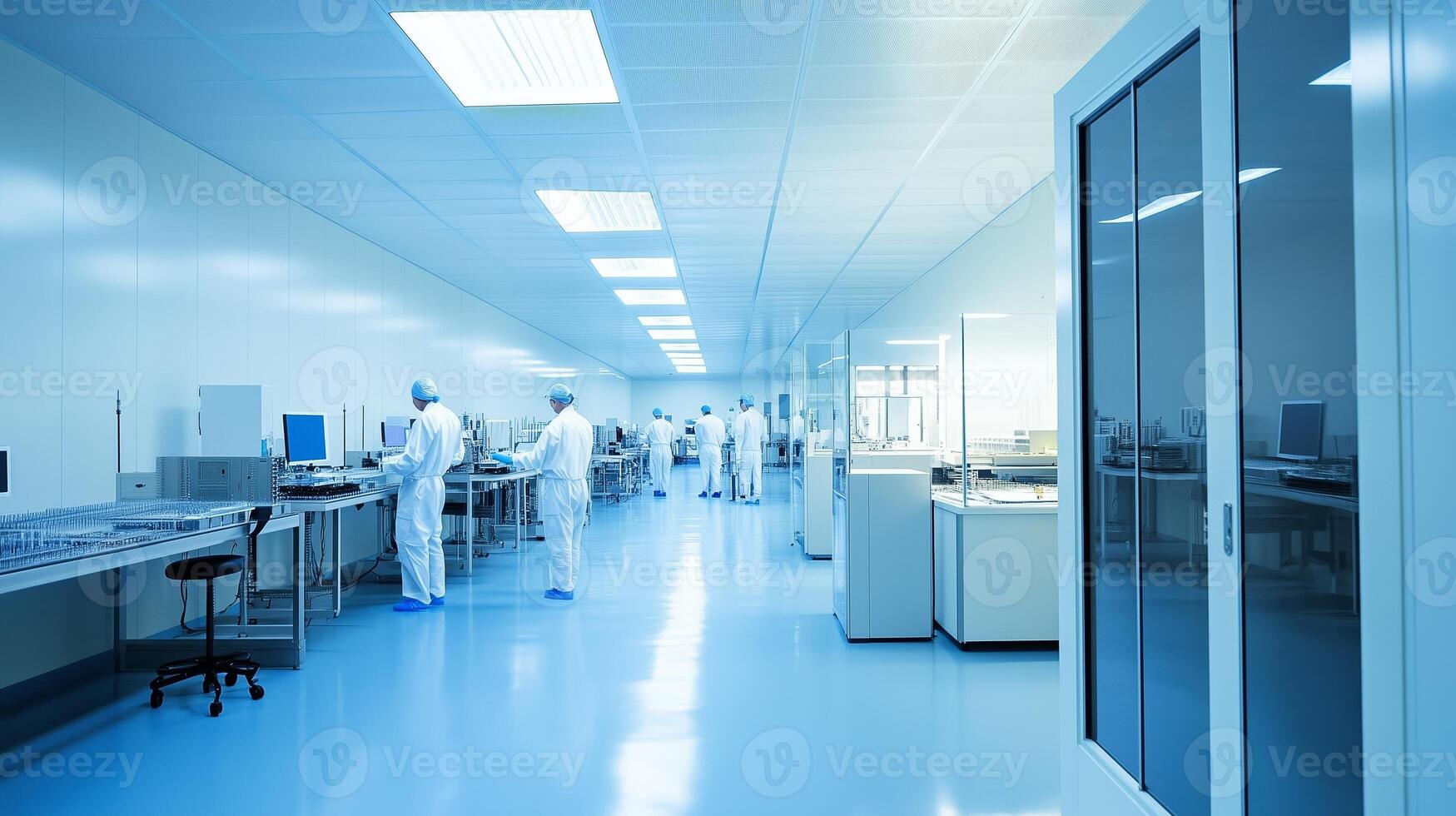 Scientists work in a cleanroom laboratory focused on research and development, showcasing advanced technology in a controlled environment photo