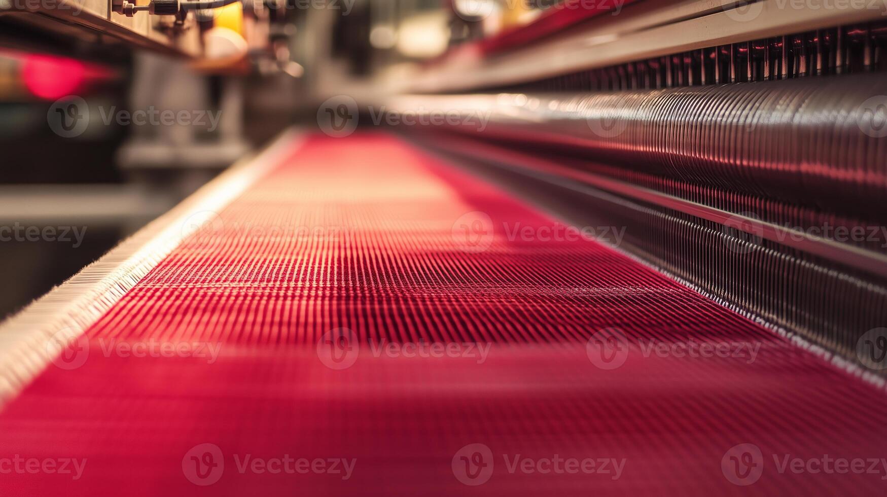 Close-up of textile production showcasing red fabric being woven on industrial machinery in a textile factory setting photo