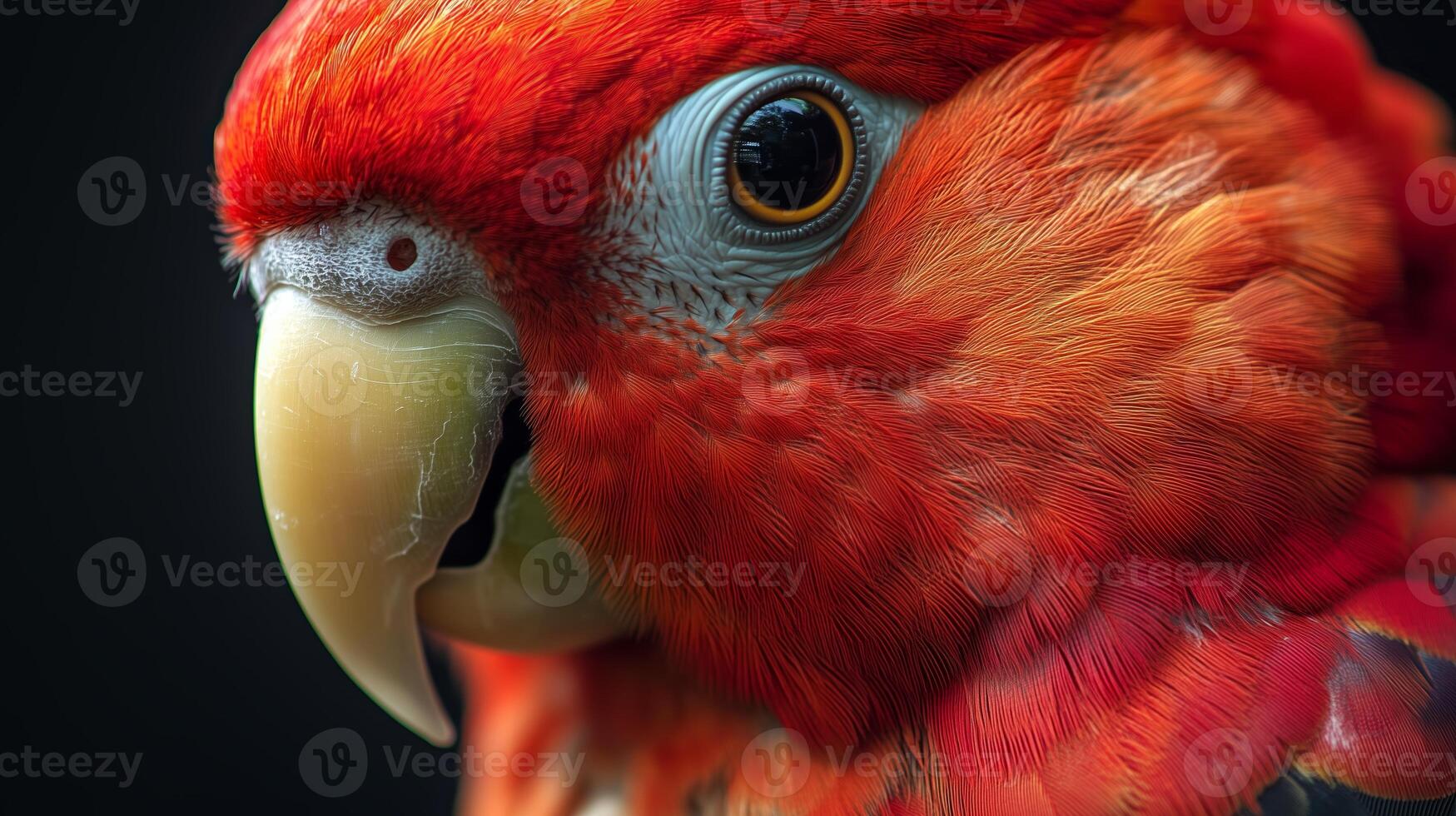 A vibrant red parrot with intricate feather details perched quietly on a branch during midday, showcasing its striking colors photo