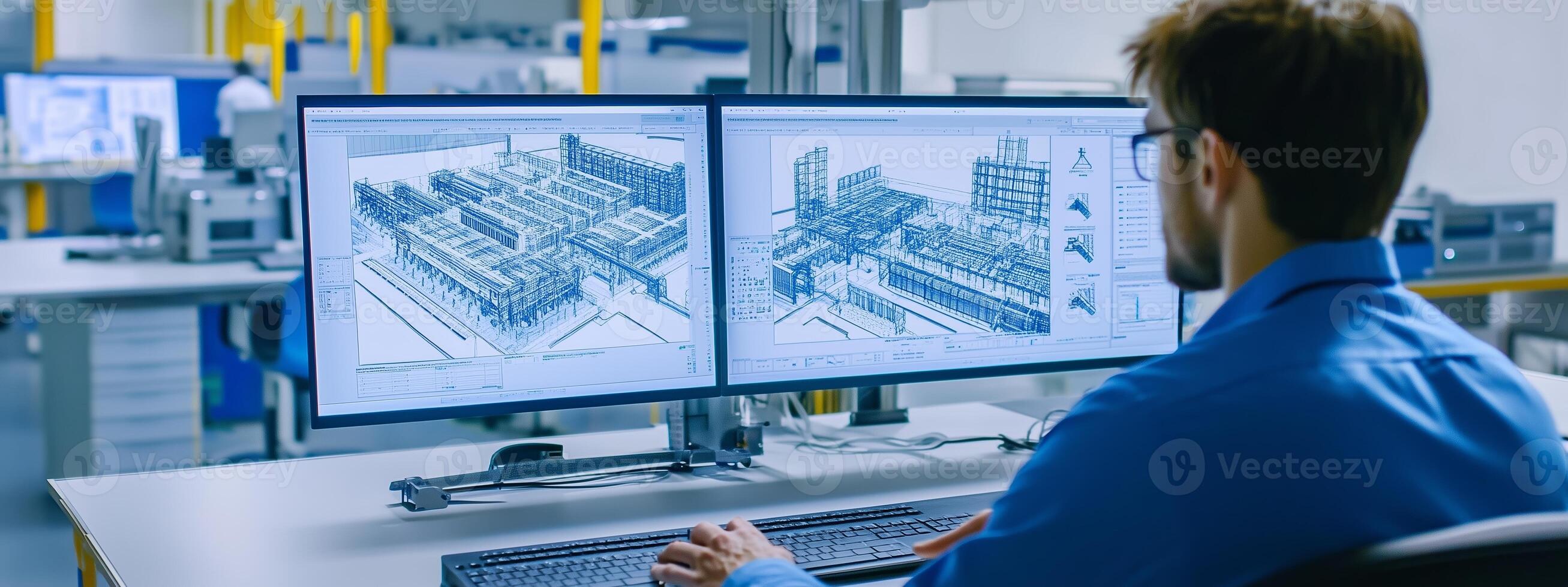Engineer working on architectural designs at dual monitors in a modern office environment during the day photo