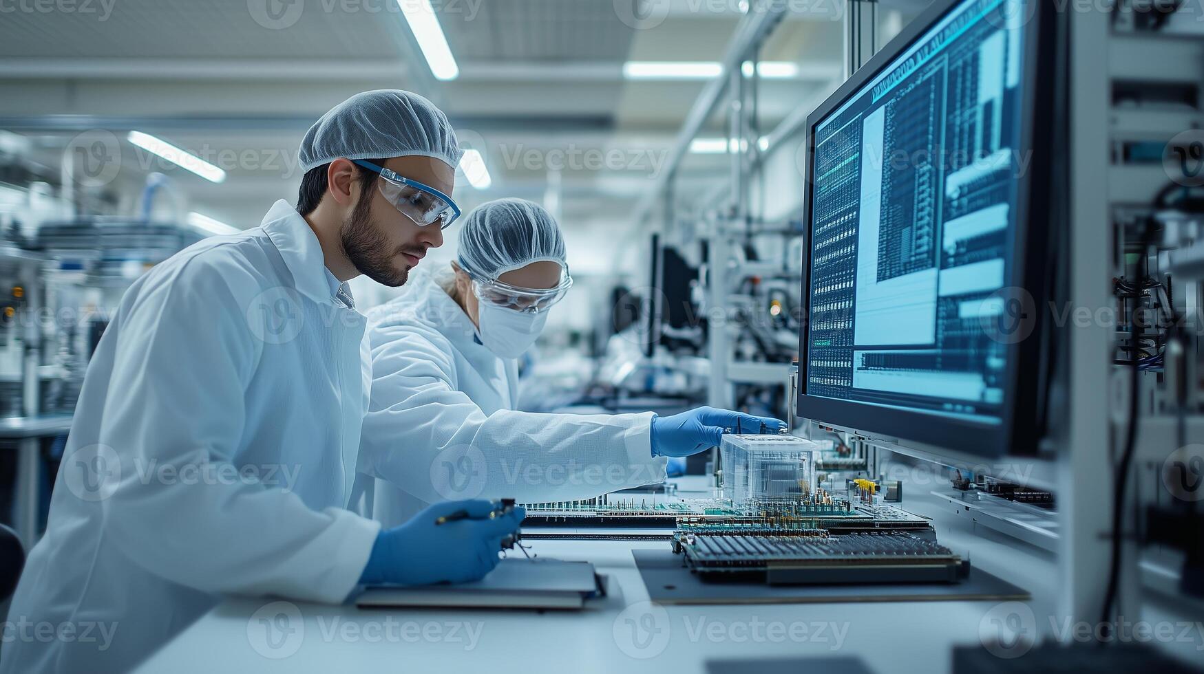 Scientists conduct research and analysis in a modern laboratory setting on a busy weekday morning photo