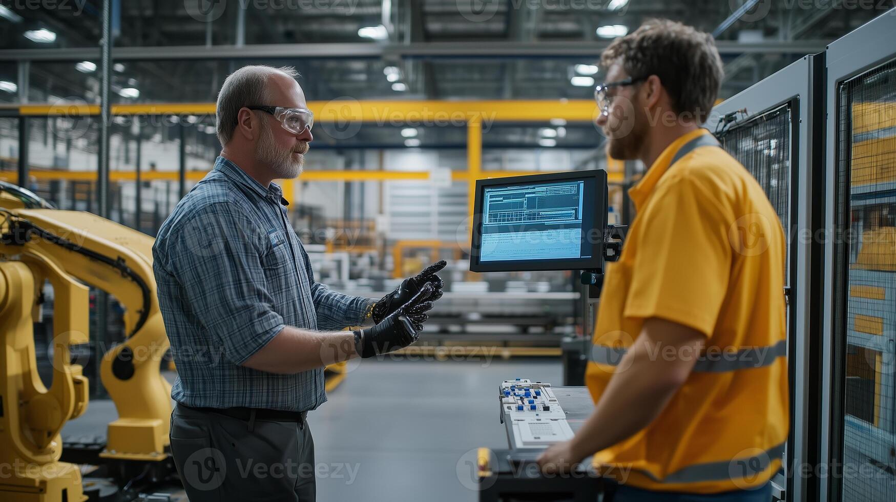 Two technicians discuss operational processes in a modern manufacturing facility during daytime hours photo