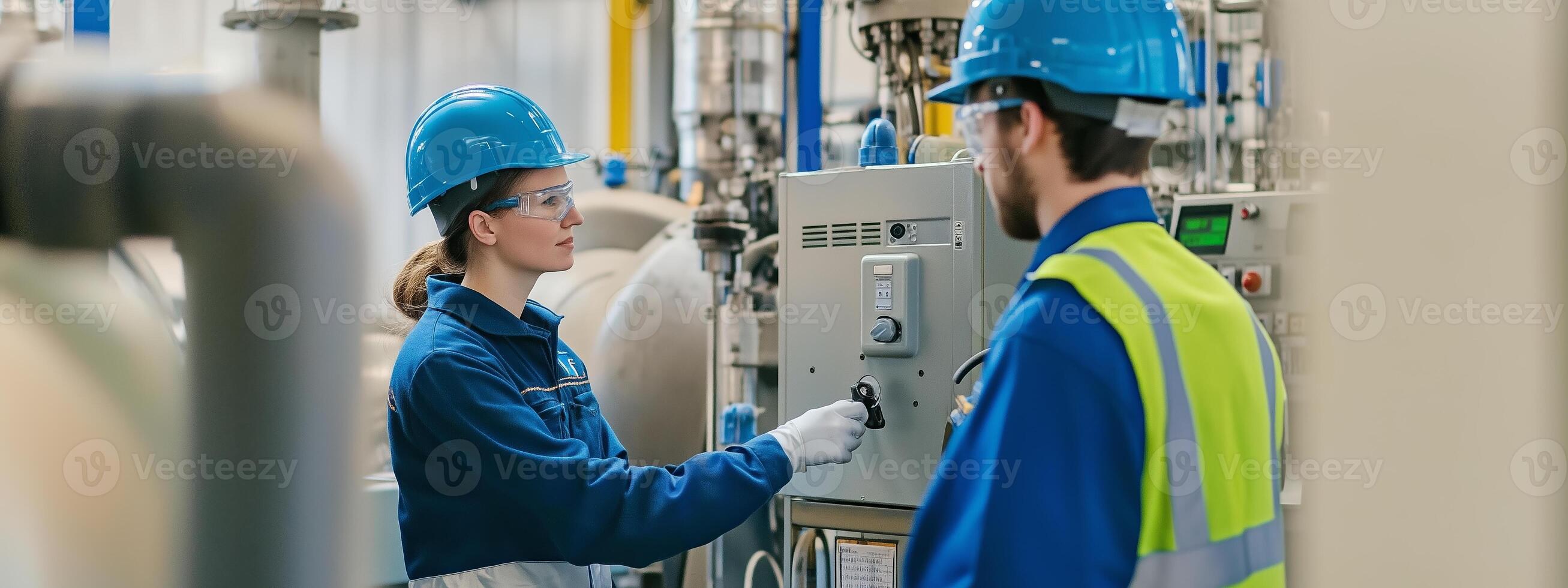 Technicians operating machinery in a modern industrial plant with safety gear during daylight photo