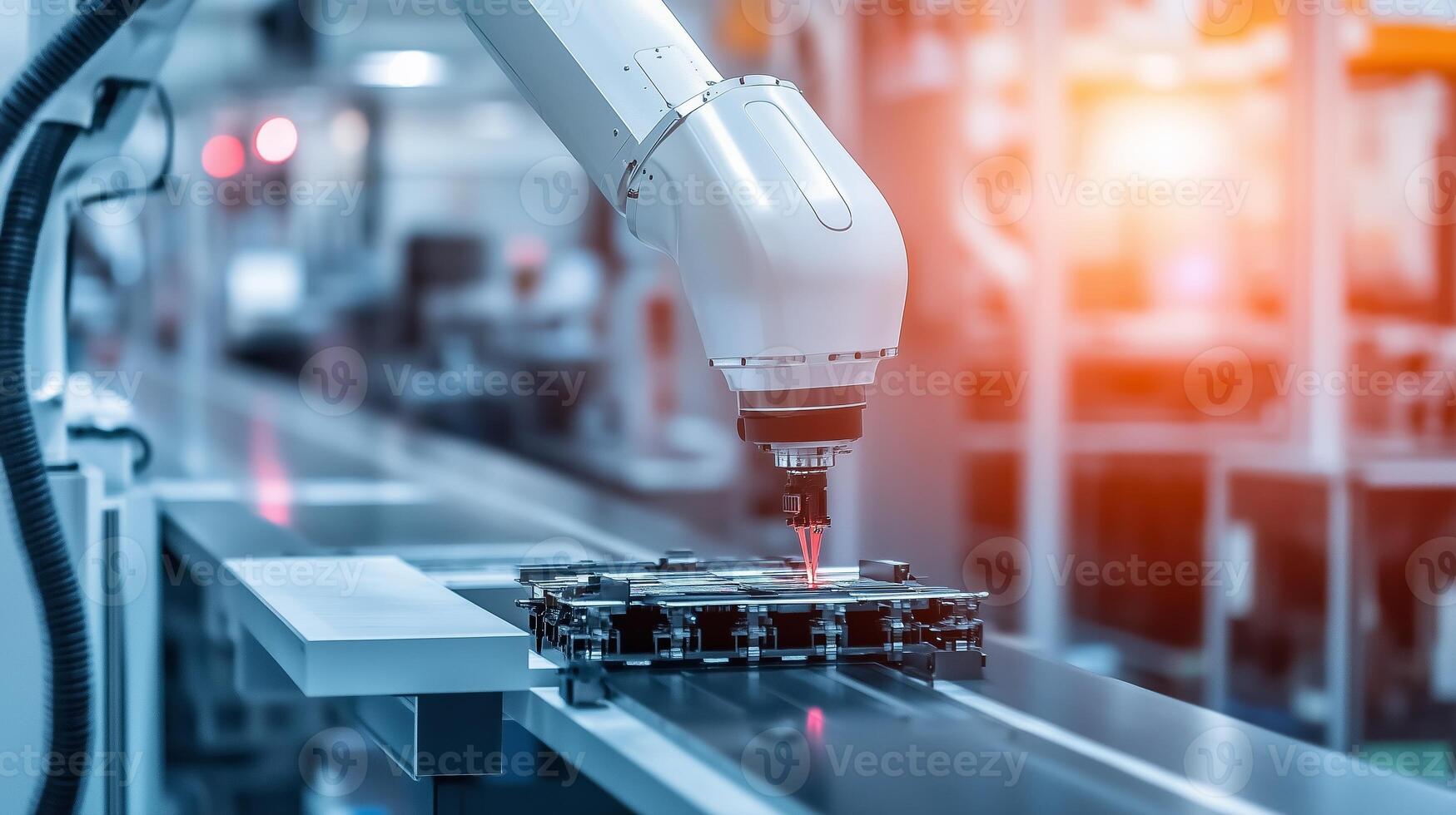 Precision laser cutting robotic arm operating on a metal workpiece in a modern manufacturing facility photo