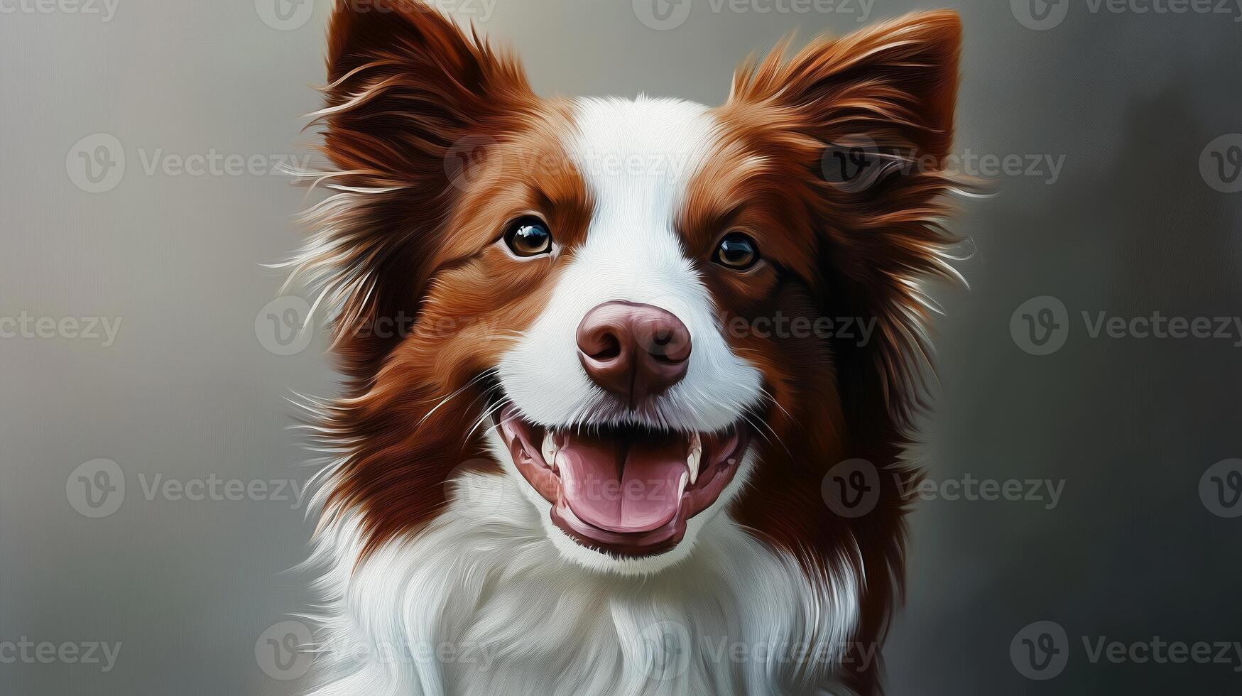 A joyful brown and white dog poses with a big smile against a soft background, capturing the essence of happiness and loyalty photo