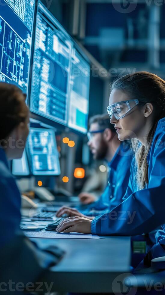 Team of professionals analyzing data on multiple computer screens in a modern control room during nighttime operations photo