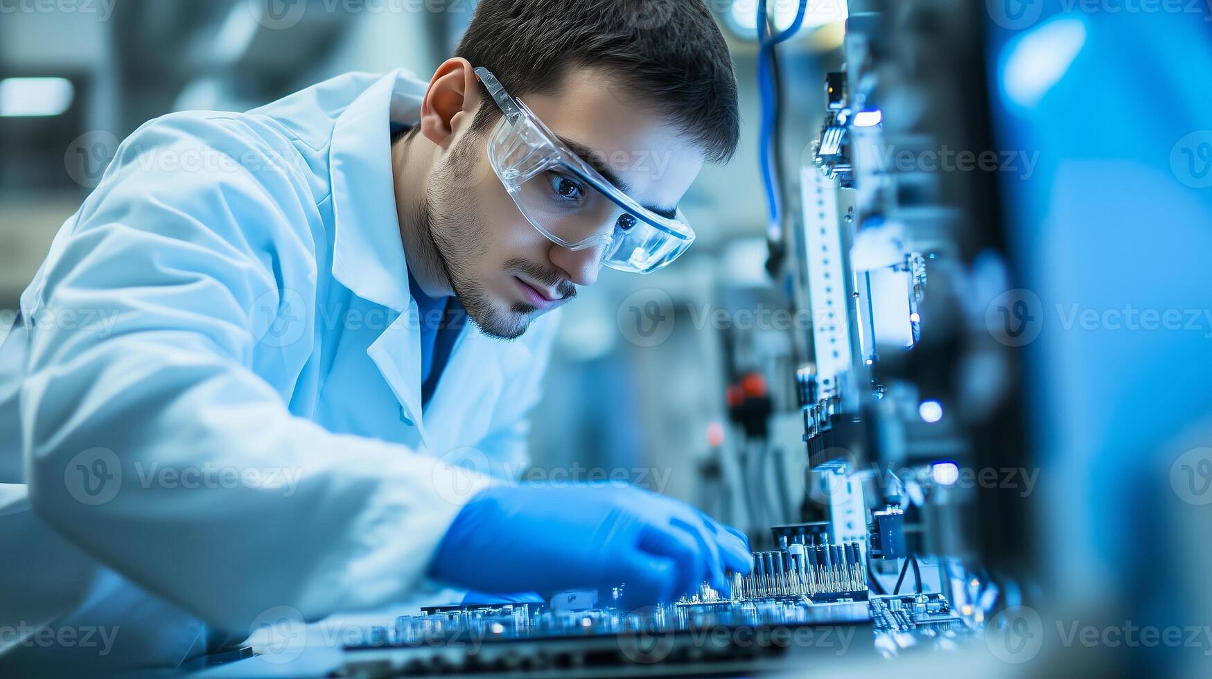 A technician carefully assembles electronic components in a laboratory during a daytime project focused on circuit development photo