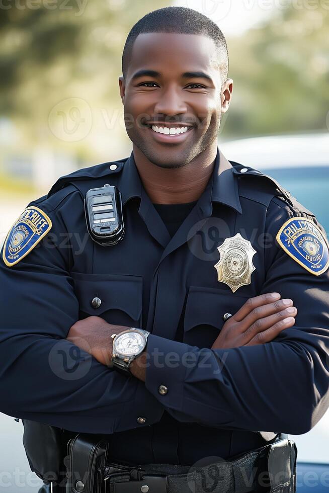 Smiling police officer in uniform stands confidently with arms crossed in a peaceful neighborhood during daylight photo