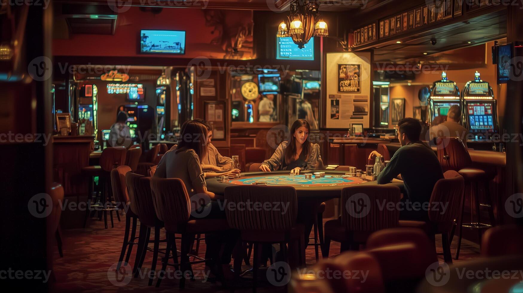 Evening gathering at a bustling casino with players engaged around a poker table and slot machines in the background photo