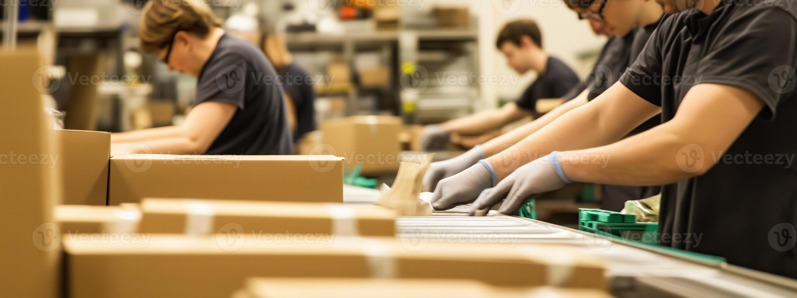 Workers assembling and packing boxes in a warehouse during the day in a busy distribution center photo