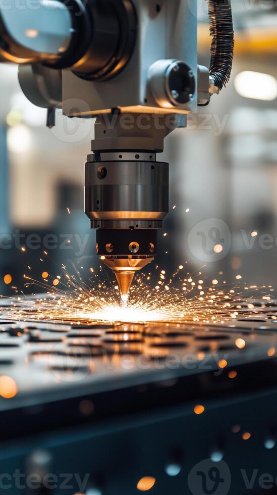 Laser cutting machine in action creating sparks during metal processing in a modern workshop photo