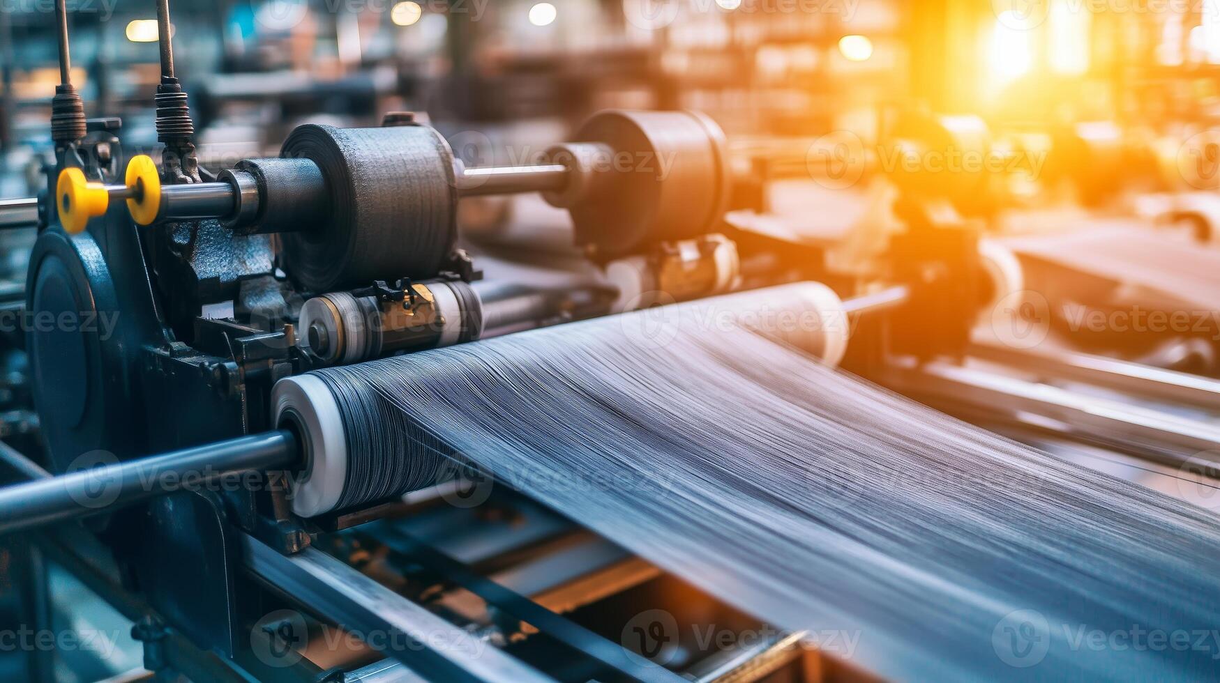High-speed textile production process in a factory with machinery operating at sunset photo