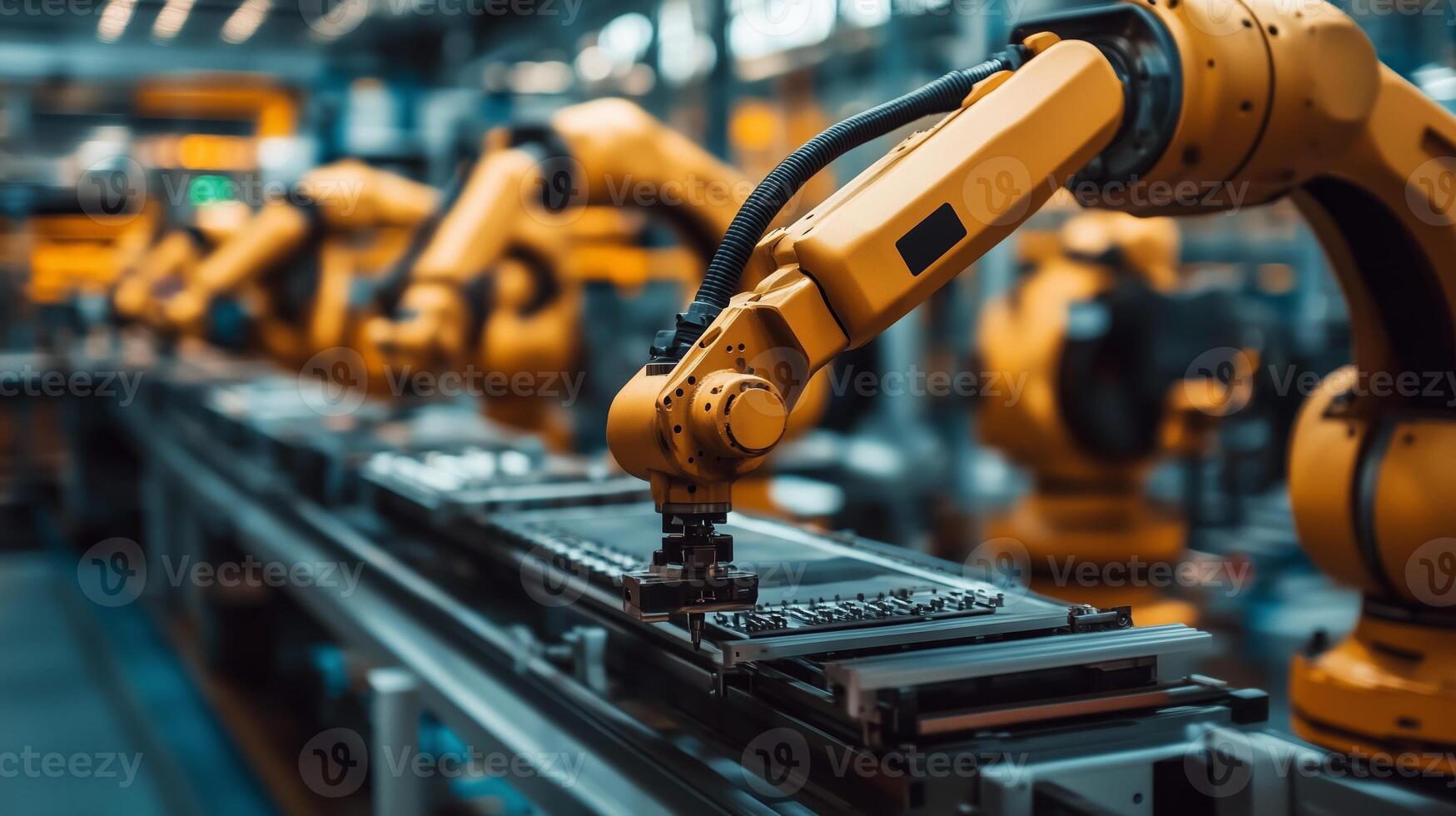 Industrial robots assembling electronic components on a conveyor belt in a modern factory setting during daytime operations photo