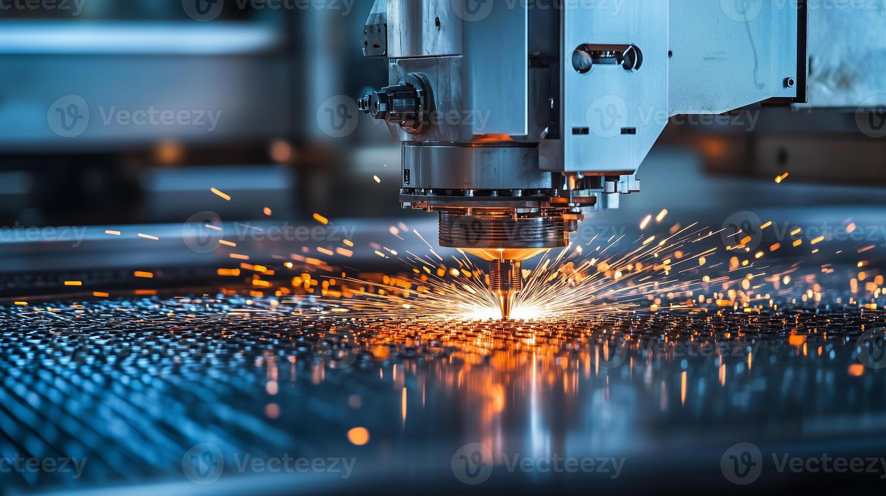 Laser cutting process in a manufacturing facility at night, showcasing sparks and precision on metal sheets photo