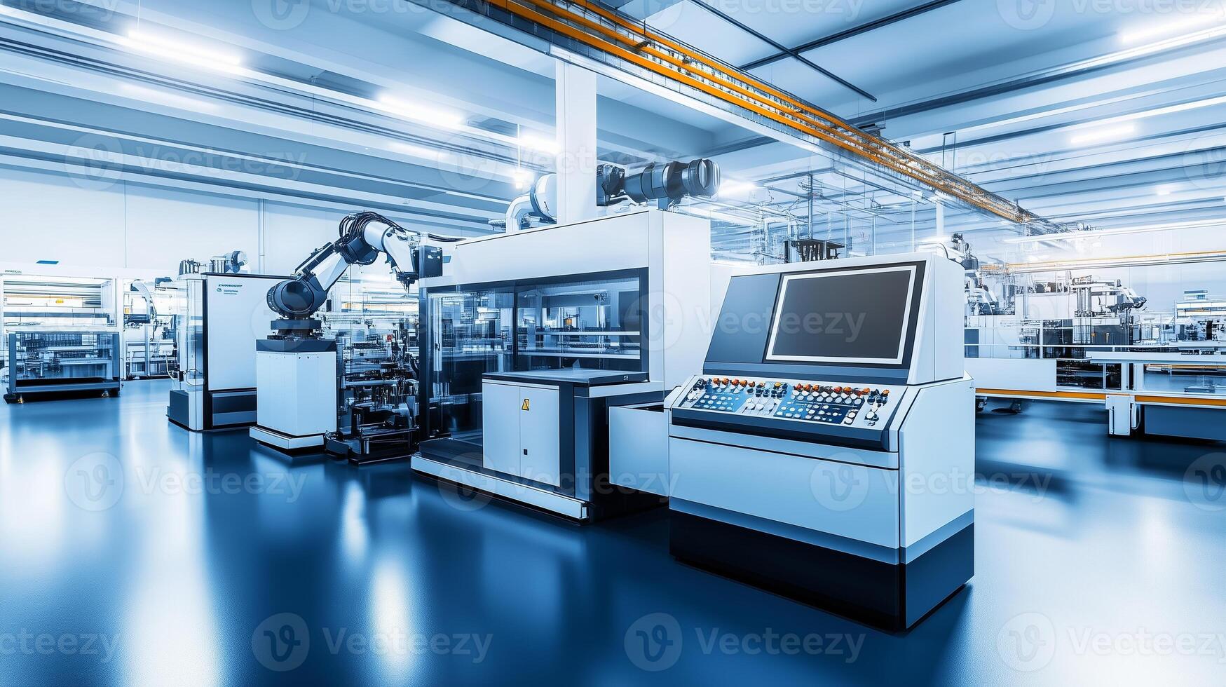 Modern automated manufacturing facility with robotic arms and advanced machinery operating during daylight hours photo