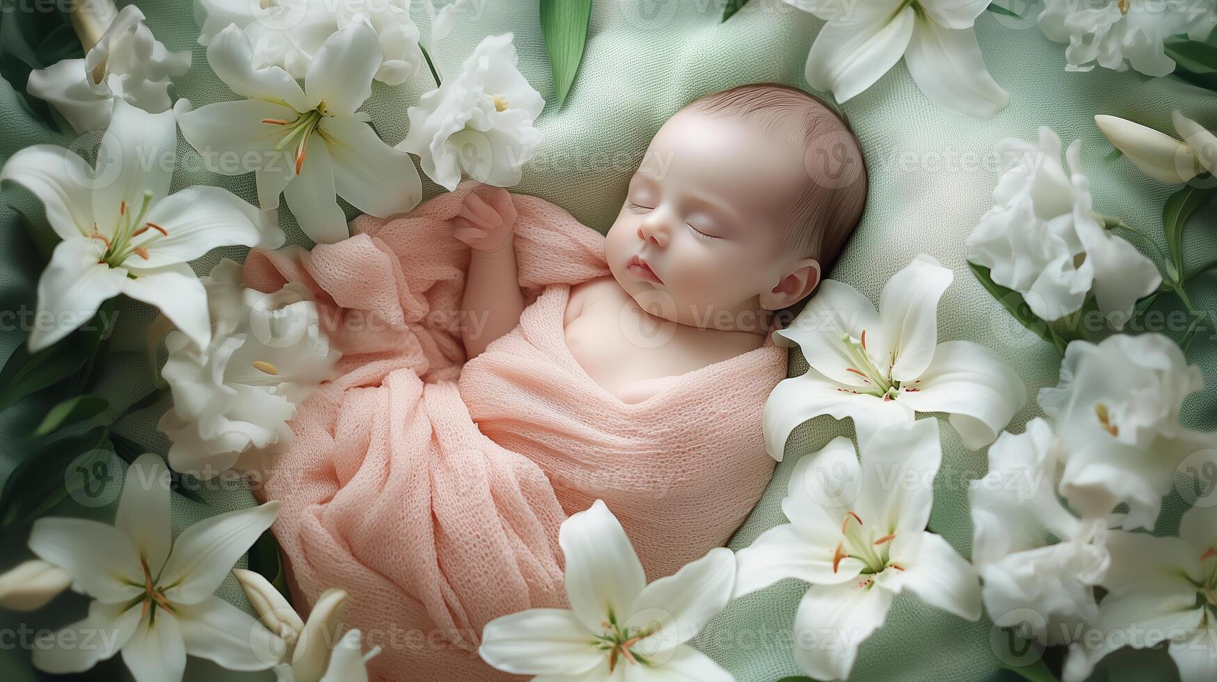 A sleeping baby wrapped in a pink blanket surrounded by white lilies on a soft green background during a serene morning photo