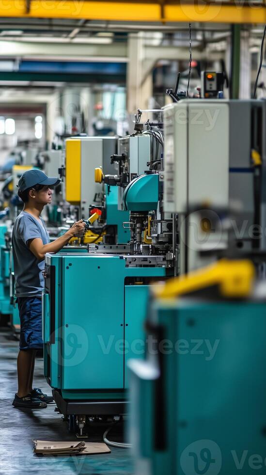 Worker operating machinery in a factory with blue equipment during daylight hours photo