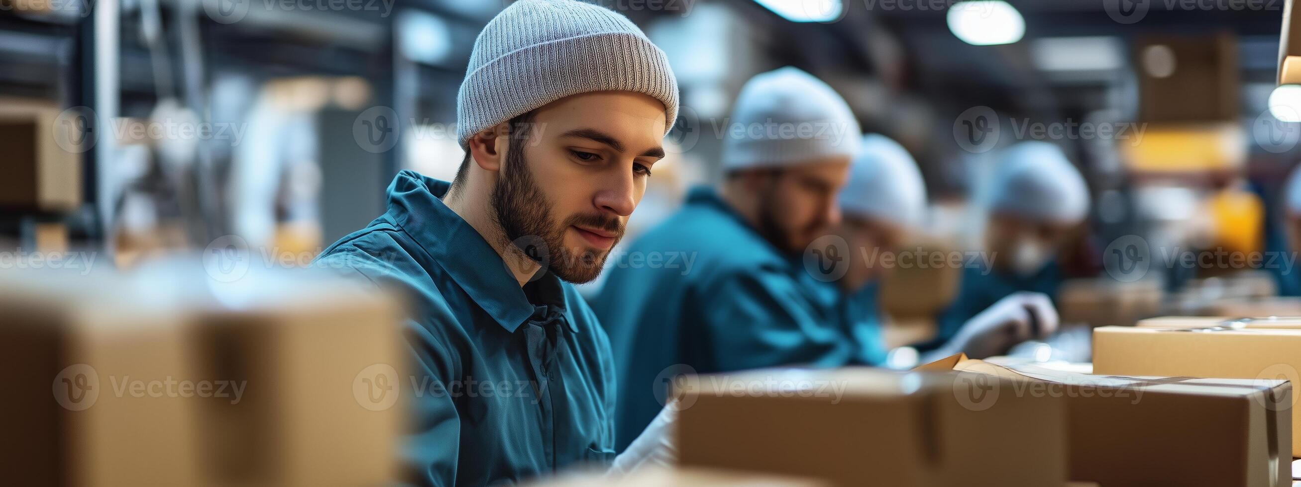 Warehouse worker focused on packing boxes in a busy distribution center during the afternoon shift photo