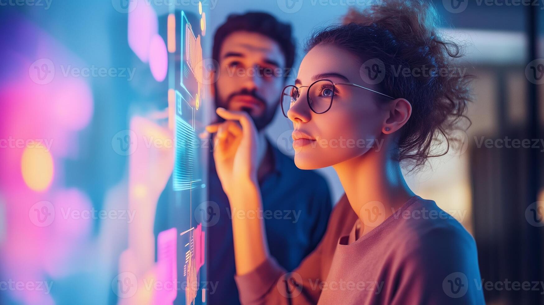 A young woman analyzes data on a digital display while a man observes in a modern office environment at night photo