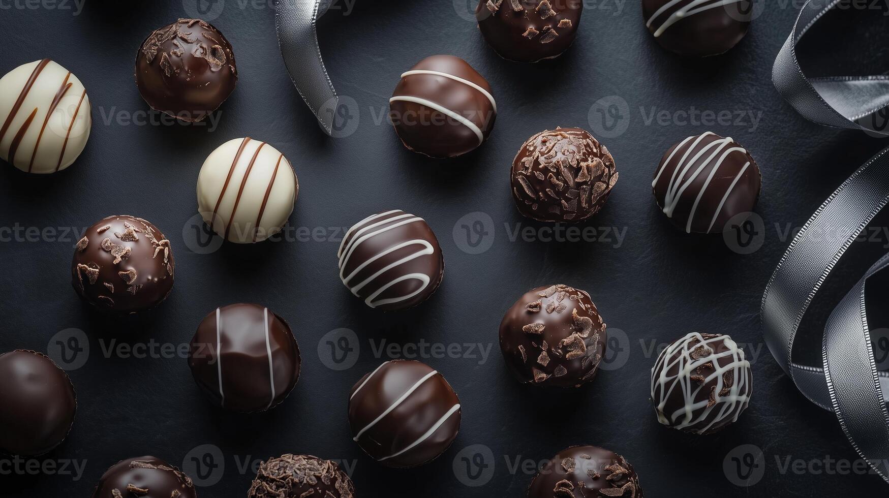 Delicious handmade chocolate truffles arranged artistically on a dark surface with ribbons, ideal for dessert lovers and celebrations photo