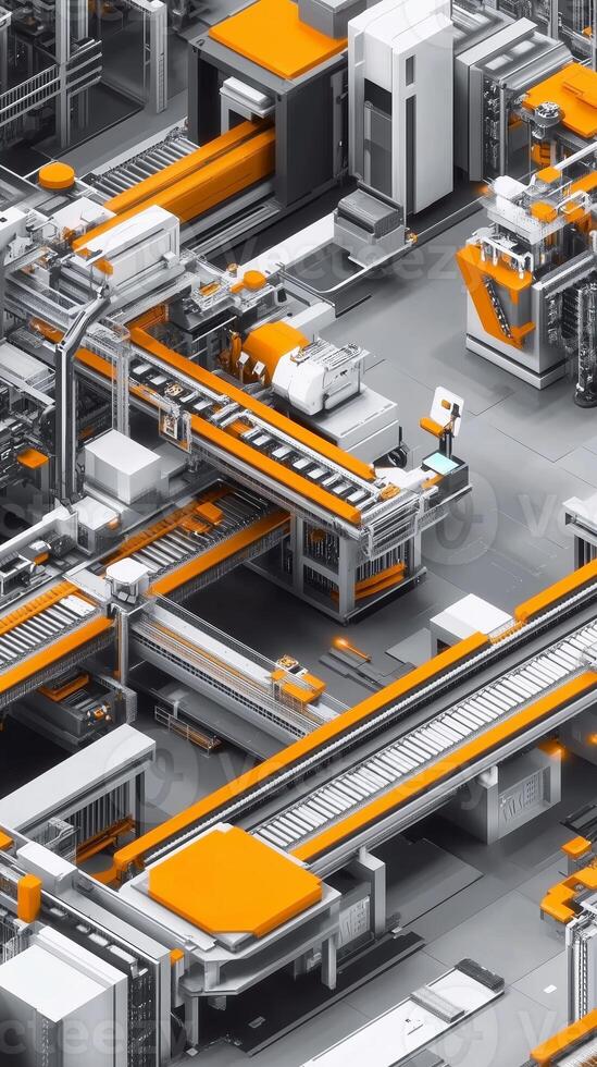 Industrial automation in a modern facility showcasing machinery and conveyor systems filled with orange accents during daytime operations photo