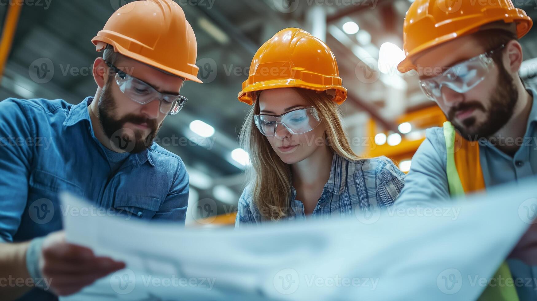 Team of construction workers analyzing blueprints in an industrial setting during daylight hours, focused on project planning and execution photo