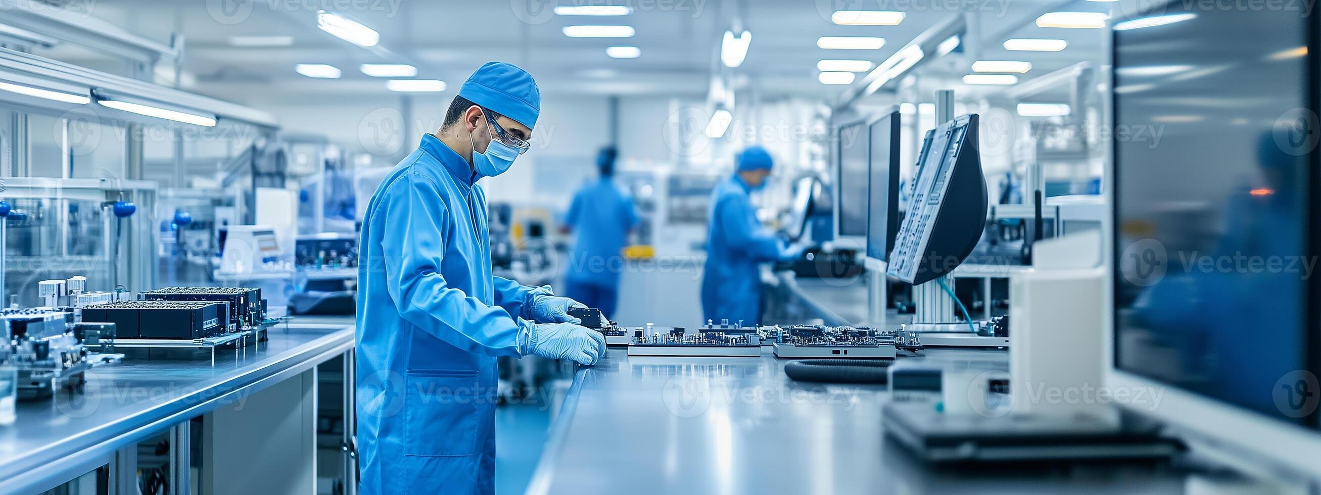 Employees in protective gear working on assembly line in high-tech manufacturing facility during daytime photo