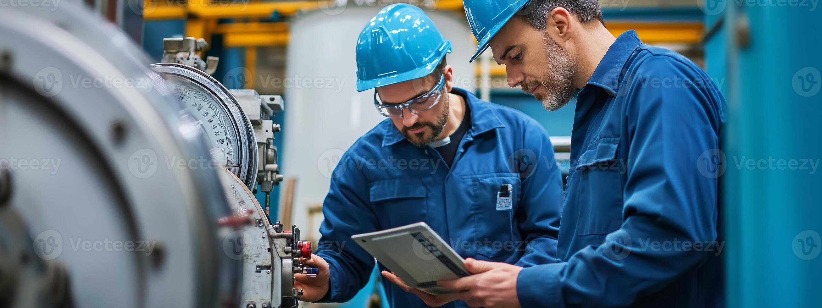 Engineers inspecting machinery and reviewing data in an industrial facility during the day photo