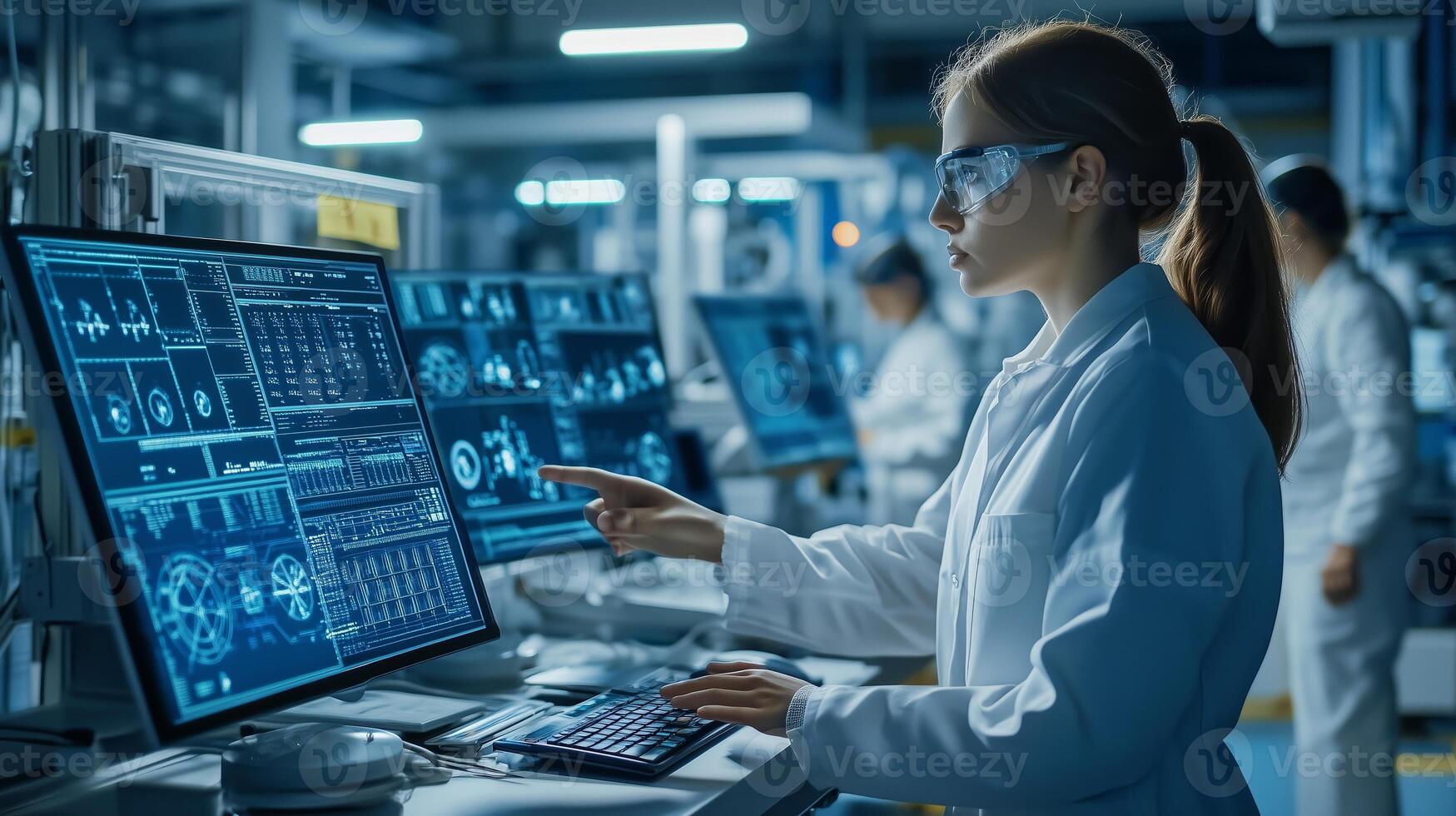 Scientist analyzing data on computer screens in a modern laboratory during a research session photo