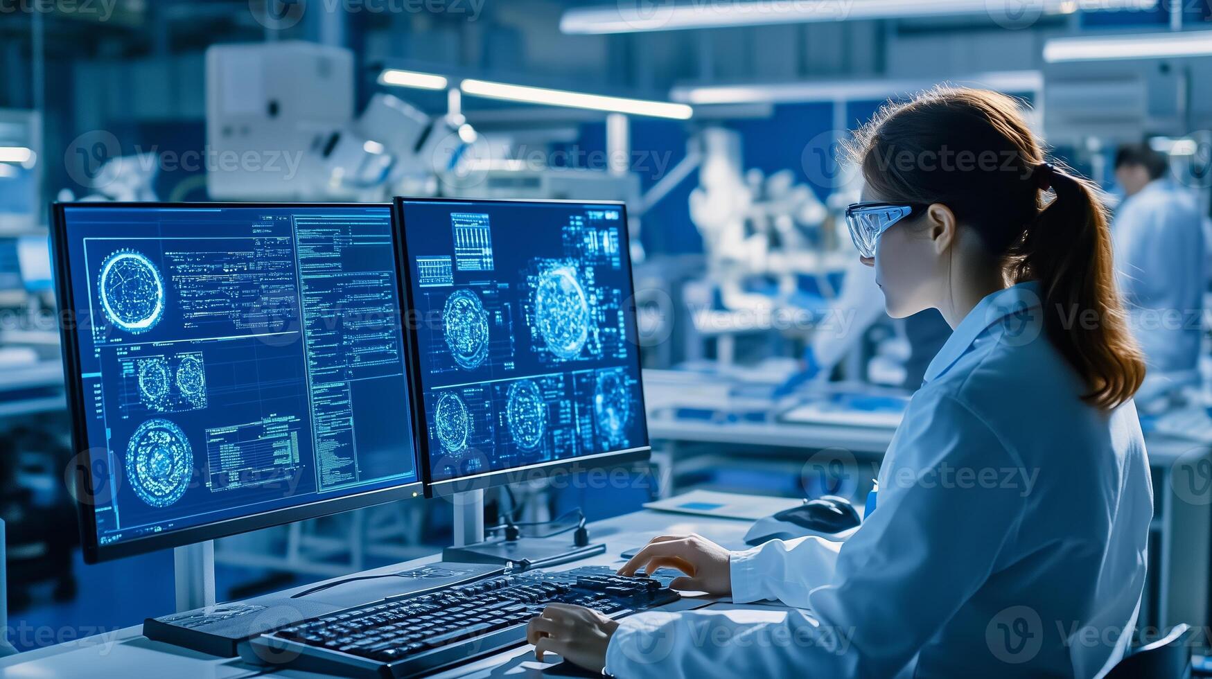 Scientist analyzing complex data on dual monitors in a modern laboratory during research on neurological patterns photo