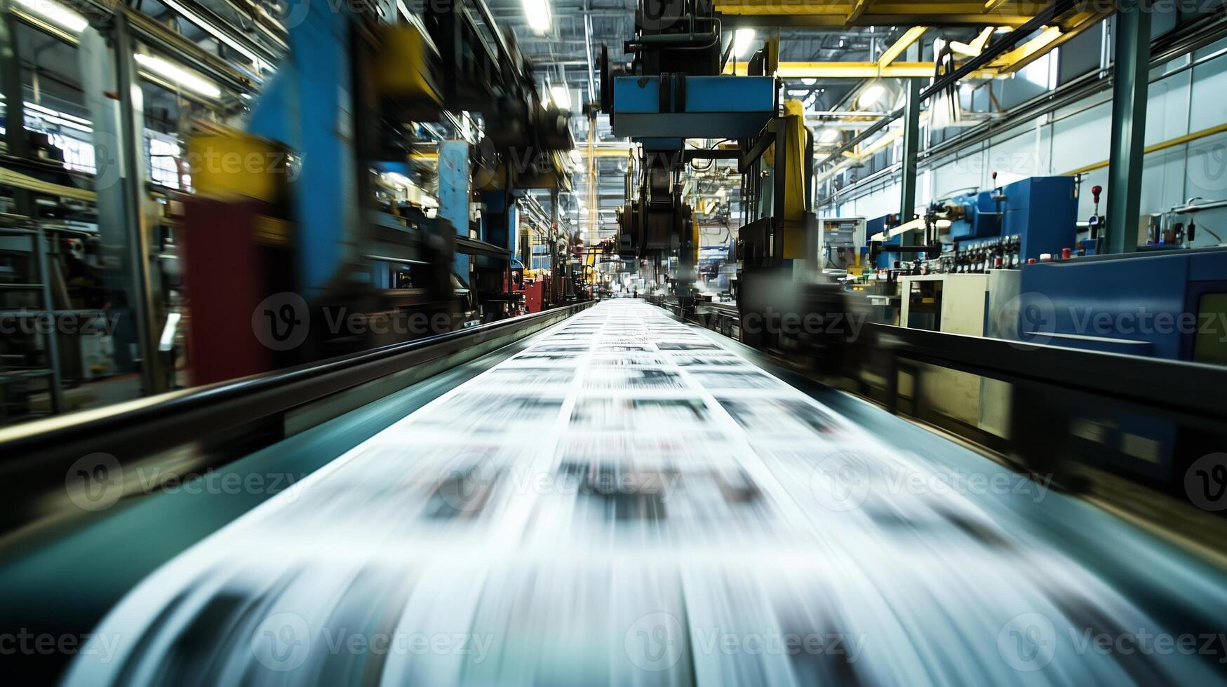 Printing press in operation, showcasing large sheets of paper moving through the machinery during a busy day at the facility photo