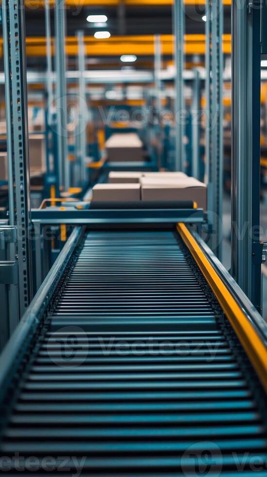 Automated conveyor system transporting packages in a modern warehouse during daytime operations photo