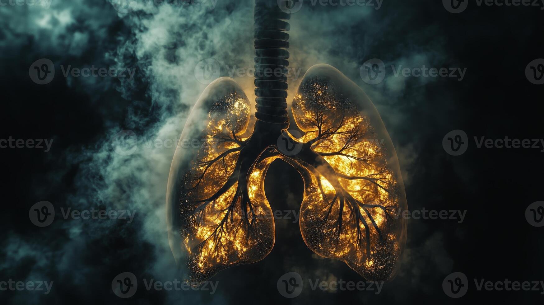 Lungs illuminated by ethereal light surrounded by smoke, showcasing a captivating blend of biology and artistic interpretation photo