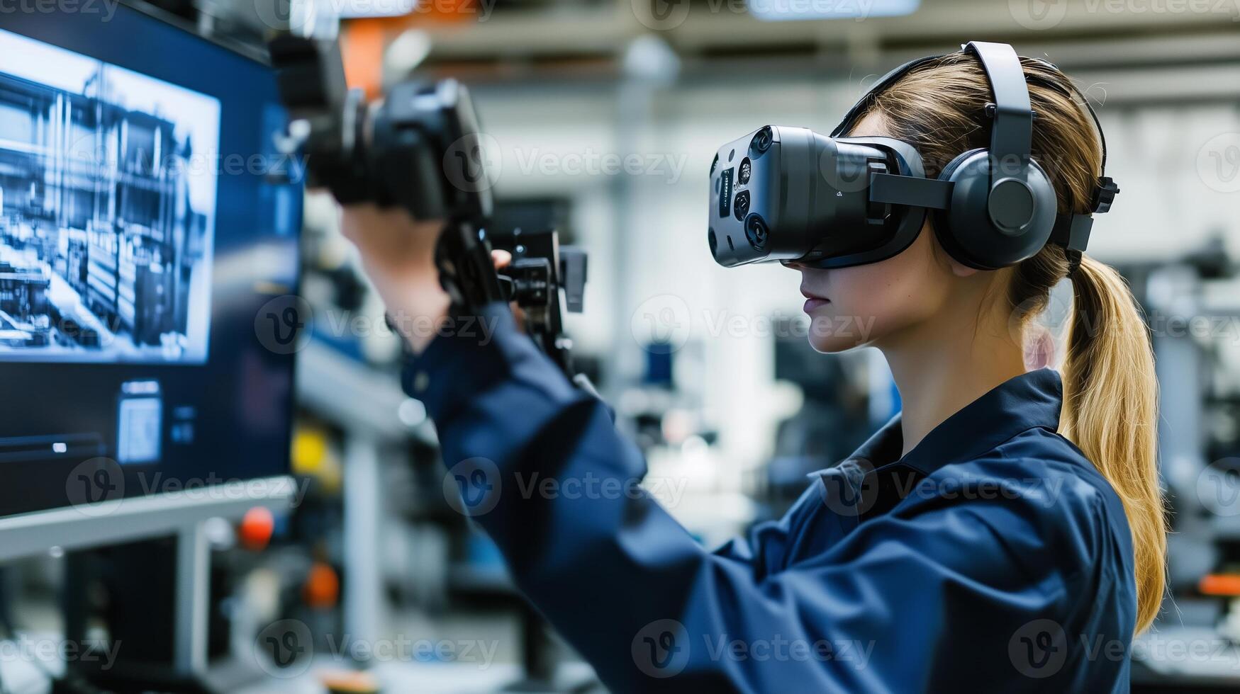 A technician engages with virtual reality technology while conducting a machinery inspection in a modern industrial workspace photo