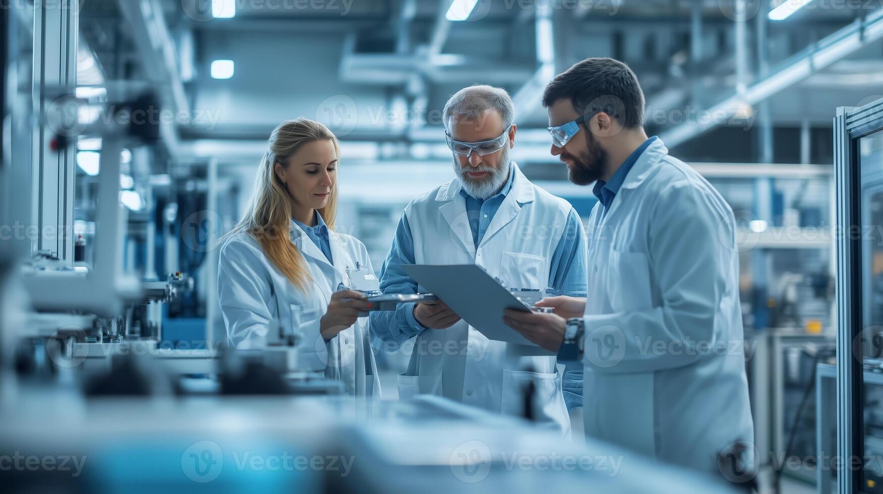 Scientists collaborating in a laboratory on research projects while reviewing data in a modern facility during the daytime photo