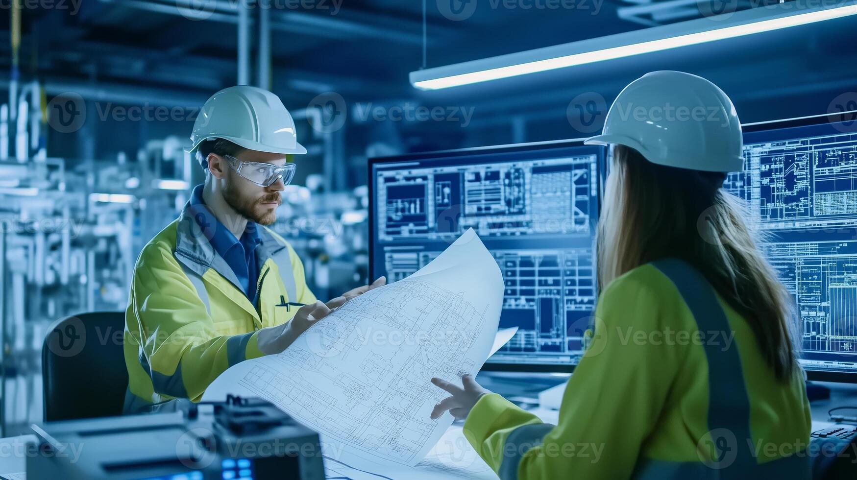 Engineers discussing project plans at a modern industrial facility while wearing safety gear and analyzing computer data photo
