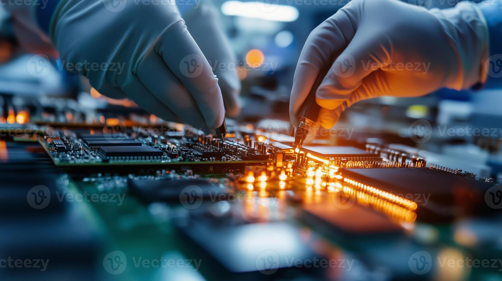 Expert technician assembling a circuit board in a high-tech laboratory during an evening shift photo