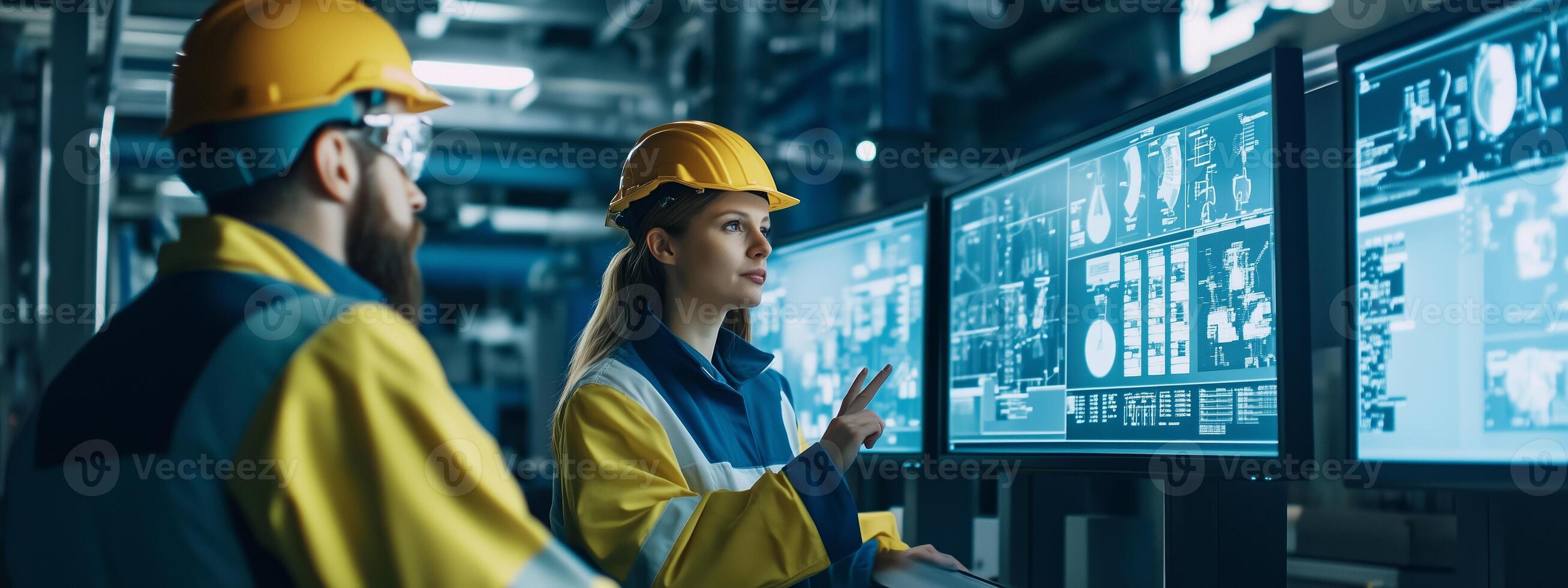 Workers analyze data on screens in a high-tech industrial facility during a daytime shift photo