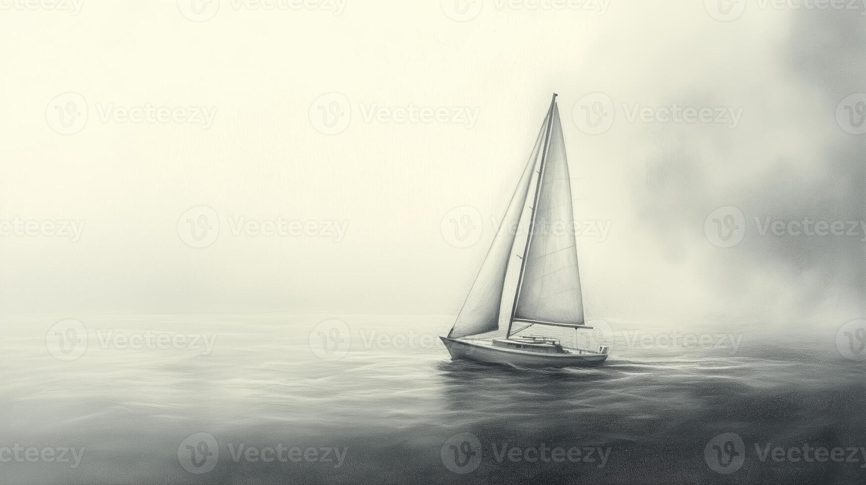 A solitary sailboat gliding through a foggy sea at dawn in a serene and tranquil atmosphere photo