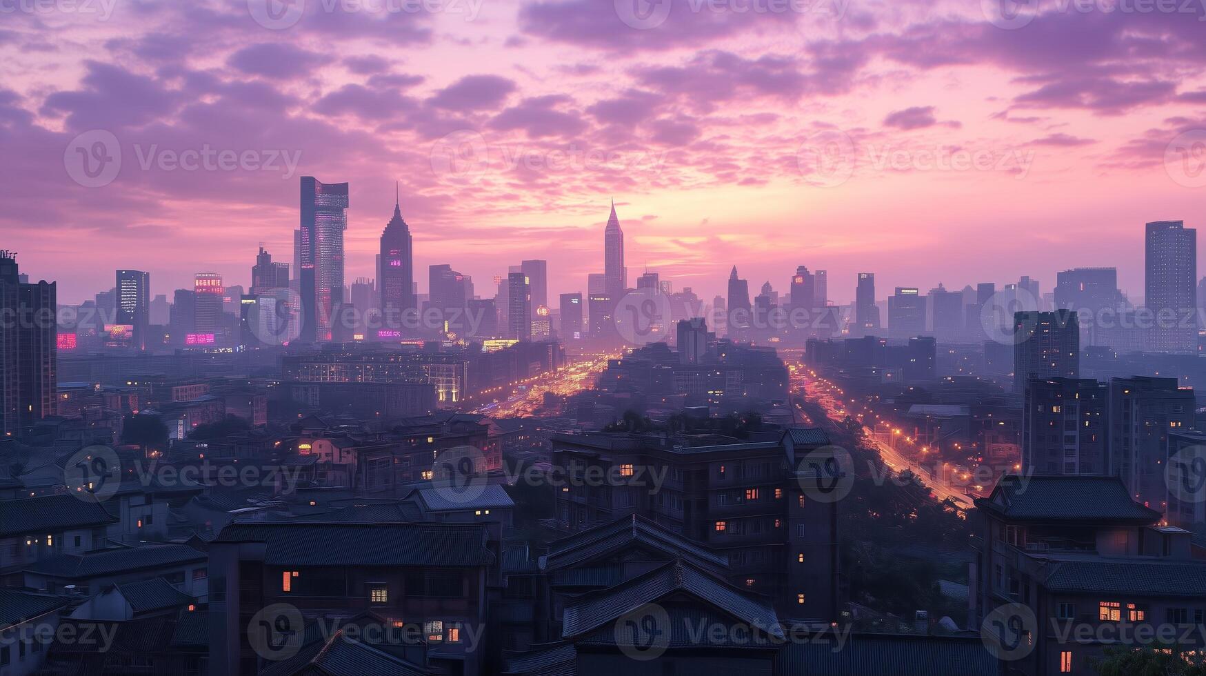 A stunning sunset view over the skyline of a bustling city with glowing lights and towering skyscrapers in the evening sky photo