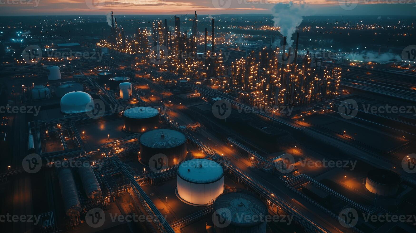 Aerial view of an industrial refinery at dusk with illuminated structures and smokestacks emitting vapor clouds photo