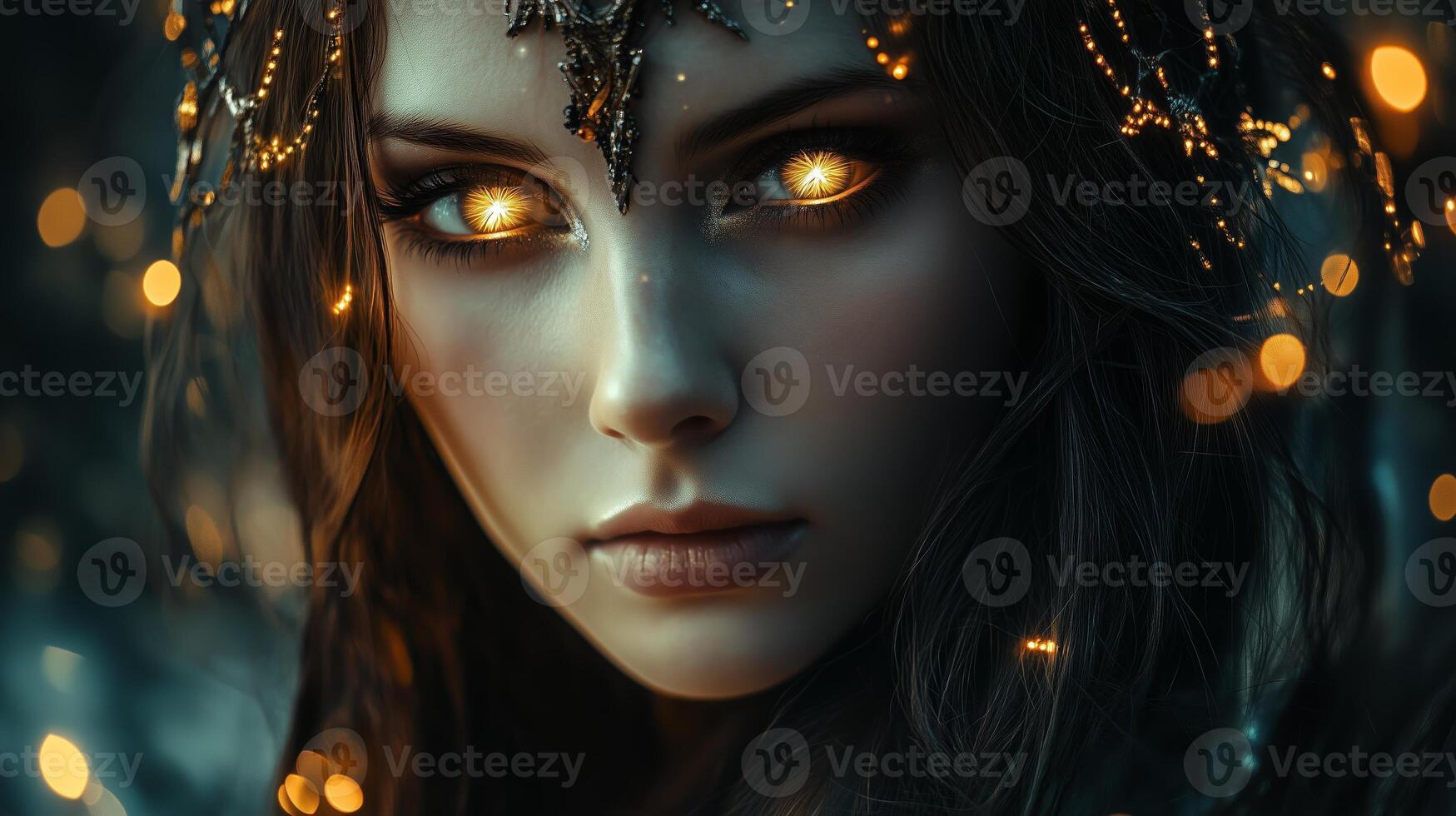 A mystical young woman with glowing golden eyes and intricate adornments surrounded by soft lights in an enchanted forest setting photo
