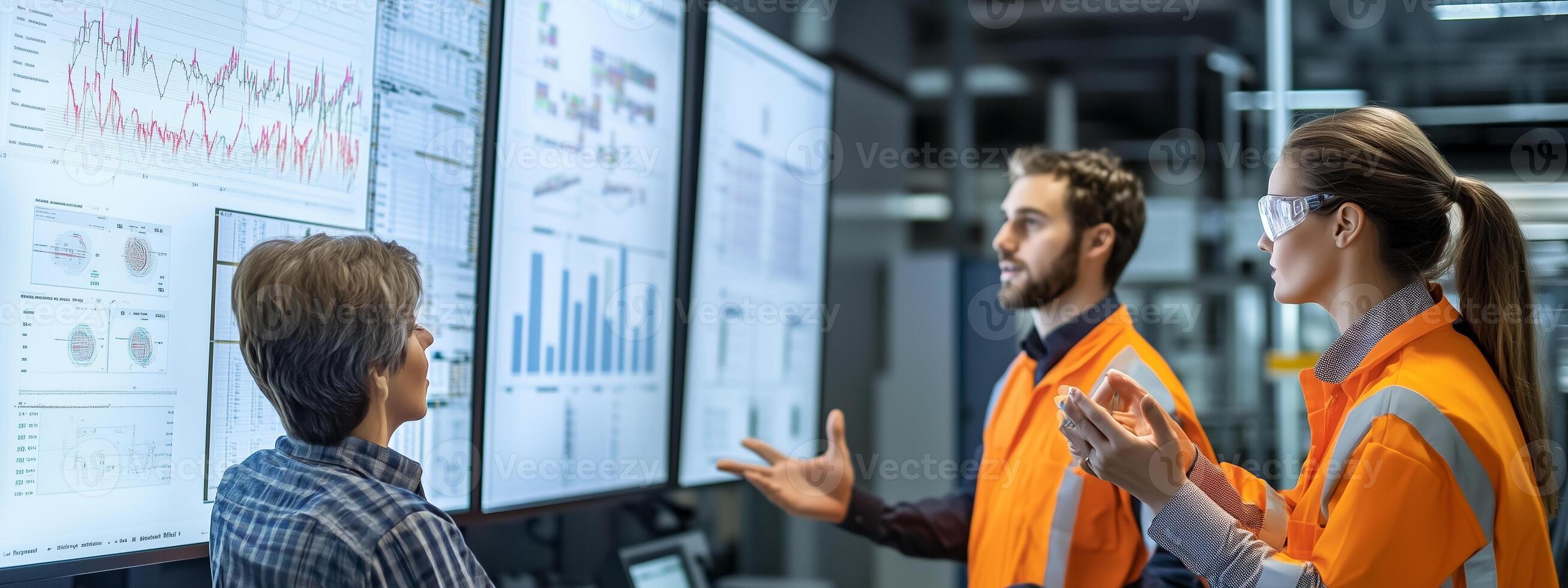 Team of industrial workers analyzing data on large screens in a modern facility during a meeting photo