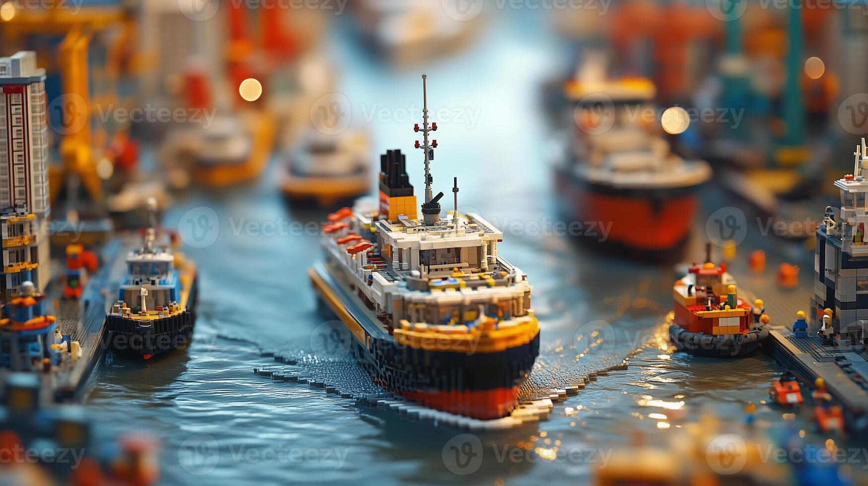 A detailed miniature harbor featuring a tugboat navigating through the bustling waterway surrounded by cargo ships and cranes photo